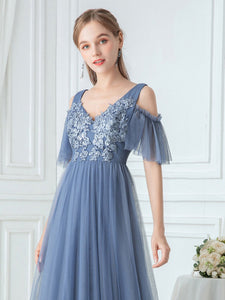 Color=Dusty Navy|Ruffle Sleeves Deep V-neck Applique Bridesmaid Dress-Dusty Blue 5
