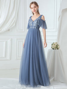 Color=Dusty Navy|Ruffle Sleeves Deep V-neck Applique Bridesmaid Dress-Dusty Blue 1