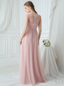Color=Pink|Elegant Round Neck Tulle Applique Bridesmaid Dress-Pink 2
