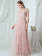 Load image into Gallery viewer, Color=Pink|Elegant Round Neck Tulle Applique Bridesmaid Dress-Pink 3