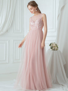 Color=Pink|Elegant Round Neck Tulle Applique Bridesmaid Dress-Pink 3