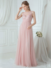 Load image into Gallery viewer, Color=Pink|Elegant Round Neck Tulle Applique Bridesmaid Dress-Pink 4