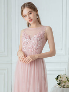 Color=Pink|Elegant Round Neck Tulle Applique Bridesmaid Dress-Pink 5