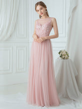 Load image into Gallery viewer, Color=Pink|Elegant Round Neck Tulle Applique Bridesmaid Dress-Pink 1