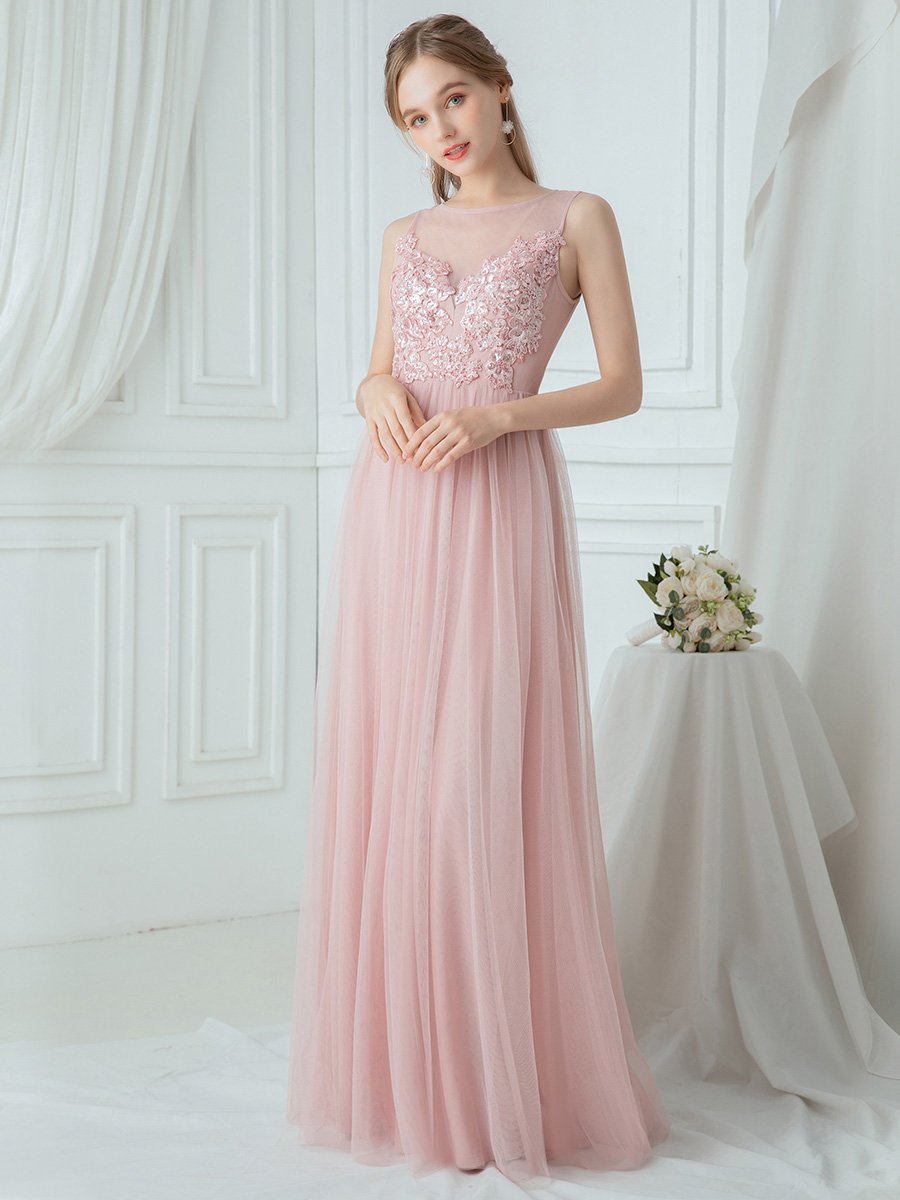 Color=Pink|Elegant Round Neck Tulle Applique Bridesmaid Dress-Pink 1
