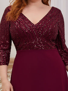 Color=Burgundy | Plus Size Sexy V Neck A-Line Sequin Evening Dress-Burgundy 5