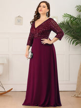Load image into Gallery viewer, Color=Burgundy | Plus Size Sexy V Neck A-Line Sequin Evening Dress-Burgundy 3
