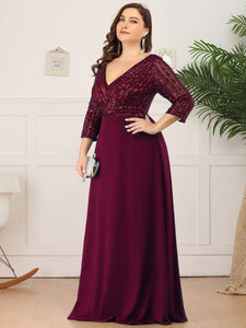 Color=Burgundy | Plus Size Sexy V Neck A-Line Sequin Evening Dress-Burgundy 3