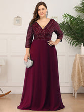 Load image into Gallery viewer, Color=Burgundy | Plus Size Sexy V Neck A-Line Sequin Evening Dress-Burgundy 4