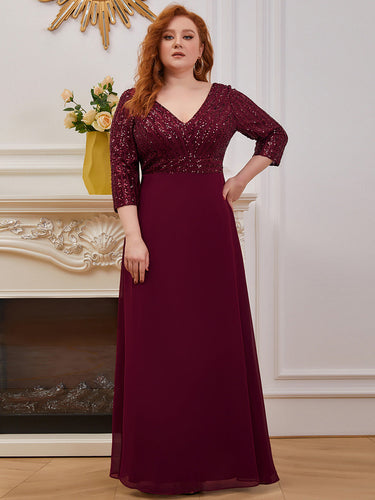 Color=Burgundy | Sexy V Neck A-Line Pretty Sequin Evening Dress-Burgundy 1