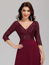 Load image into Gallery viewer, Color=Burgundy | Sexy V Neck A-Line Sequin Evening Dress-Burgundy 5