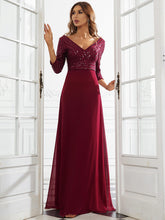 Load image into Gallery viewer, Color=Burgundy | Sexy V Neck A-Line Sequin Evening Dress-Burgundy 1