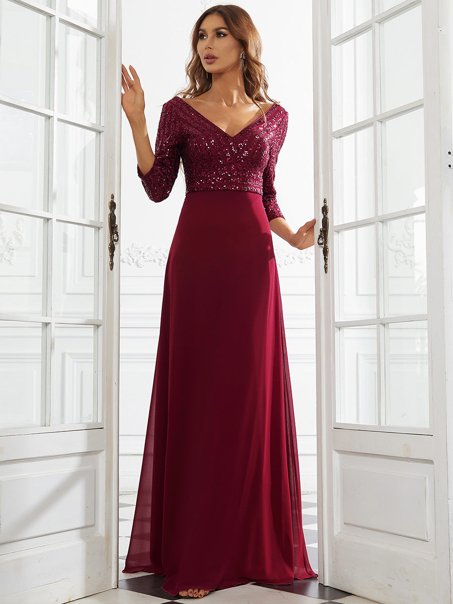 Color=Burgundy | Sexy V Neck A-Line Sequin Evening Dress-Burgundy 1
