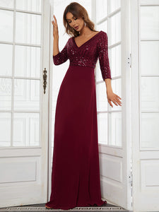 Color=Burgundy | Sexy V Neck A-Line Sequin Evening Dress-Burgundy 4