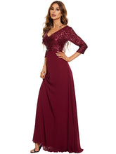 Load image into Gallery viewer, Color=Burgundy | Sexy V Neck A-Line Sequin Evening Dress-Burgundy 8