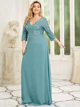 Load image into Gallery viewer, Color=Dusty blue | Plus Size Sexy V Neck A-Line Sequin Evening Dress-Dusty blue 4