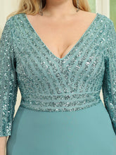 Load image into Gallery viewer, Color=Dusty blue | Plus Size Sexy V Neck A-Line Sequin Evening Dress-Dusty blue 5