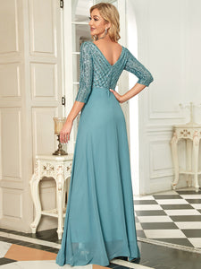Color=Dusty blue | Sexy V Neck A-Line Sequin Evening Dress-Dusty blue 2