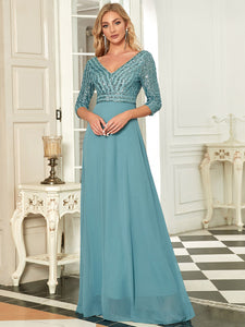 Color=Dusty blue | Sexy V Neck A-Line Sequin Evening Dress-Dusty blue 1