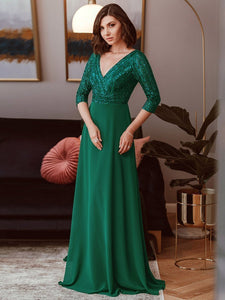 Color=Dark Green | Sexy V Neck A-Line Sequin Evening Dress-Dark Green 4