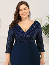 Load image into Gallery viewer, Color=Navy Blue | Plus Size Sexy V Neck A-Line Sequin Evening Dress-Navy Blue 5