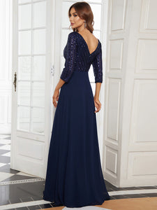 Color=Navy Blue | Sexy V Neck A-Line Sequin Evening Dress-Navy Blue 2