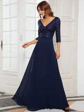 Load image into Gallery viewer, Color=Navy Blue | Sexy V Neck A-Line Sequin Evening Dress-Navy Blue 4