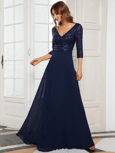Color=Navy Blue | Sexy V Neck A-Line Sequin Evening Dress-Navy Blue 4