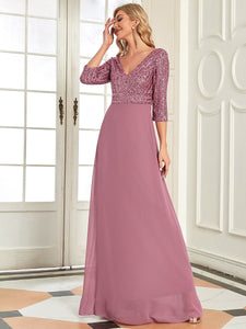 Color=Orchid | Sexy V Neck A-Line Sequin Evening Dress-Orchid 4