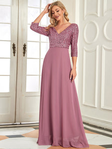 Color=Orchid | Sexy V Neck A-Line Sequin Evening Dress-Orchid 1