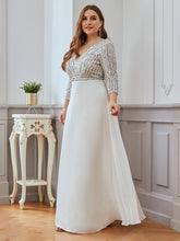 Load image into Gallery viewer, Color=White | Plus Size Sexy V Neck A-Line Sequin Evening Dress-White 4