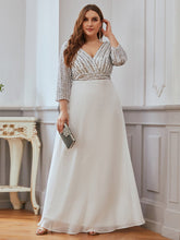 Load image into Gallery viewer, Color=White | Plus Size Sexy V Neck A-Line Sequin Evening Dress-White 3
