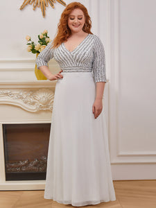 Color=White | Sexy V Neck A-Line Pretty Sequin Evening Dress-White 1