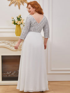 Color=White | Plus Size Sexy V Neck A-Line Sequin Evening Dress-White 2