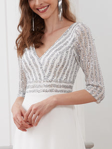Color=White | Sexy V Neck A-Line Sequin Evening Dress-White 5