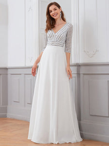 Color=White | Sexy V Neck A-Line Sequin Evening Dress-White 1