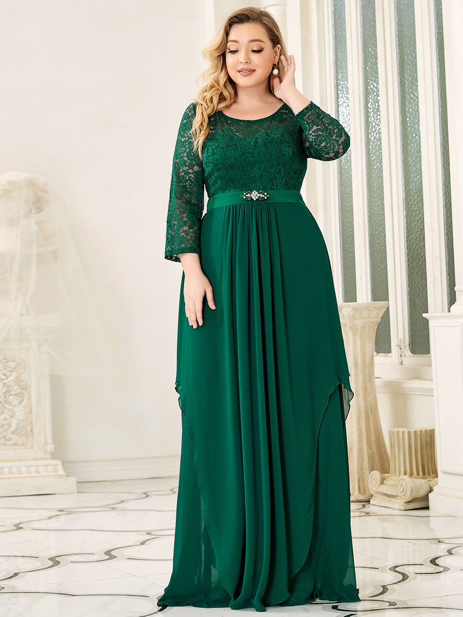 Color=Dark Green | Classic Floal Lace Long Sleeve Wholesale Bridesmaid Dress-Dark Green 1
