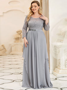 Color=Grey | Classic Floal Lace Long Sleeve Wholesale Bridesmaid Dress-Grey 1