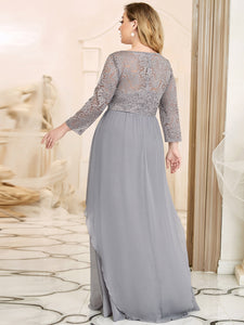Color=Grey | Classic Floal Lace Long Sleeve Wholesale Bridesmaid Dress-Grey 2
