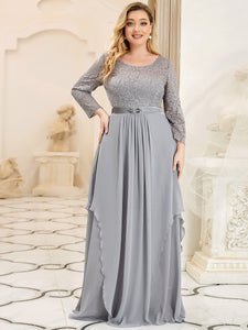 Color=Grey | Classic Floal Lace Long Sleeve Wholesale Bridesmaid Dress-Grey 4