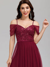 Load image into Gallery viewer, Color=Burgundy | A-Line Sweetheart Neckline Ruffle Sleeve Tulle Bridesmaid Dress With Sequin-Burgundy 9