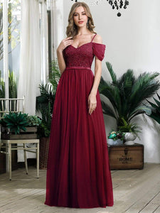 Color=Burgundy | A-Line Sweetheart Neckline Ruffle Sleeve Tulle Bridesmaid Dress With Sequin-Burgundy 3