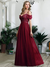 Load image into Gallery viewer, Color=Burgundy | A-Line Sweetheart Neckline Ruffle Sleeve Tulle Bridesmaid Dress With Sequin-Burgundy 4