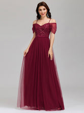 Load image into Gallery viewer, Color=Burgundy | A-Line Sweetheart Neckline Ruffle Sleeve Tulle Bridesmaid Dress With Sequin-Burgundy 6