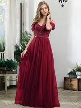 Load image into Gallery viewer, Color=Burgundy | A-Line Sweetheart Neckline Ruffle Sleeve Tulle Bridesmaid Dress With Sequin-Burgundy 1