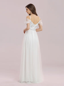 Color=Cream | A-Line Sweetheart Neckline Ruffle Sleeve Tulle Bridesmaid Dress With Sequin-Cream 2