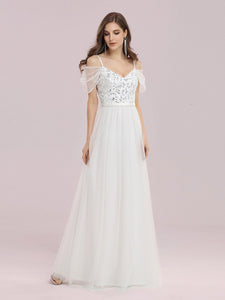 Color=Cream | A-Line Sweetheart Neckline Ruffle Sleeve Tulle Bridesmaid Dress With Sequin-Cream 3