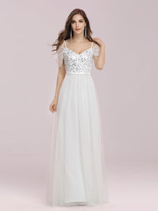 Color=Cream | A-Line Sweetheart Neckline Ruffle Sleeve Tulle Bridesmaid Dress With Sequin-Cream 1