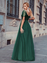 Load image into Gallery viewer, Color=Dark Green | A-Line Sweetheart Neckline Ruffle Sleeve Tulle Bridesmaid Dress With Sequin-Dark Green 2