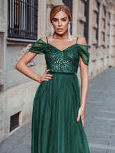 Load image into Gallery viewer, Color=Dark Green | A-Line Sweetheart Neckline Ruffle Sleeve Tulle Bridesmaid Dress With Sequin-Dark Green 3